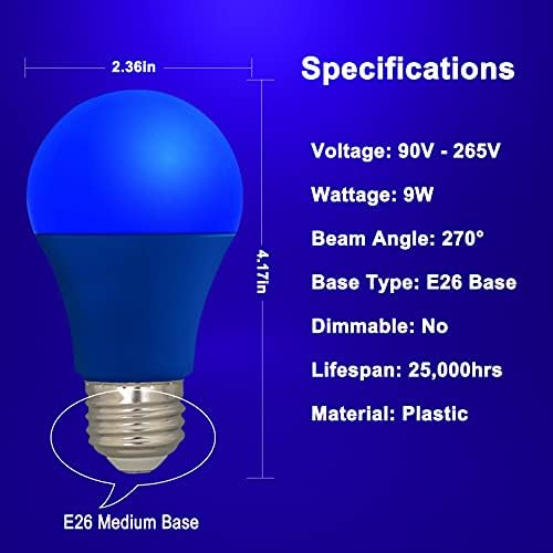 LED modrá farebná Žiarovka-A19 E26 základné modré žiarovky 9W, modré žiarovky Ideálne pre vonkajšiu verandu,