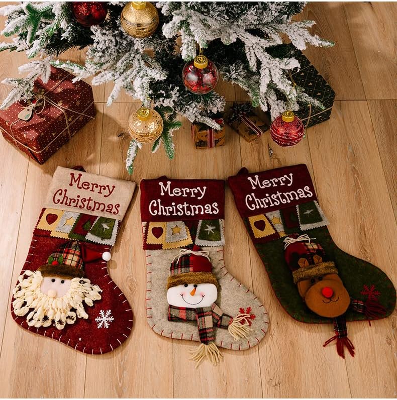 AGRADI 3 Pack veľké vianočné pančuchy dekorácie snehuliak, Santa Claus, Sob klasické vianočné ponožky sú vhodné