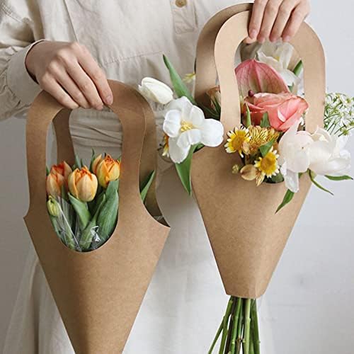 Didiseaon 15ks Kraft papierové kvety darčekové tašky kvetinové kytice tašky s rukoväťou kvetinová kytica praktické