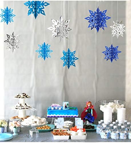 18pcs 3D Závesné vianočné snehové vločky dekorácie, zimné modré strieborné mrazené tému papierové snehové vločky